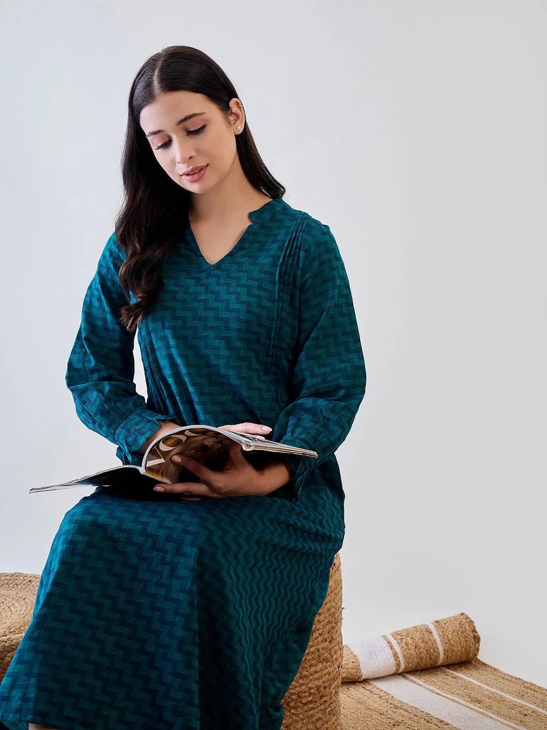 Women's Blue Cotton Solid Plain Nightdress - The Kaftan Company