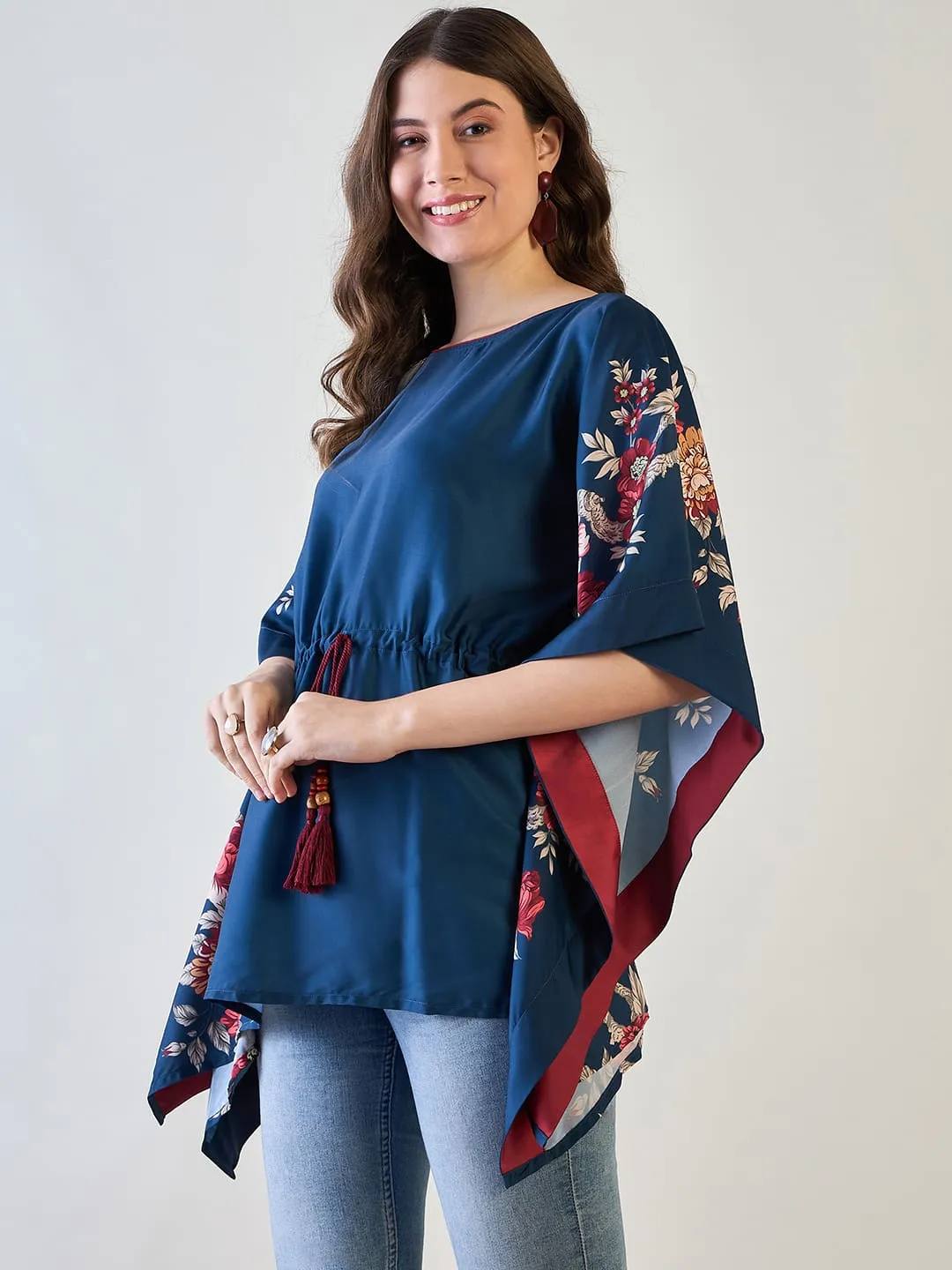 Women's Blue Floral Kaftan Top - The Kaftan Company