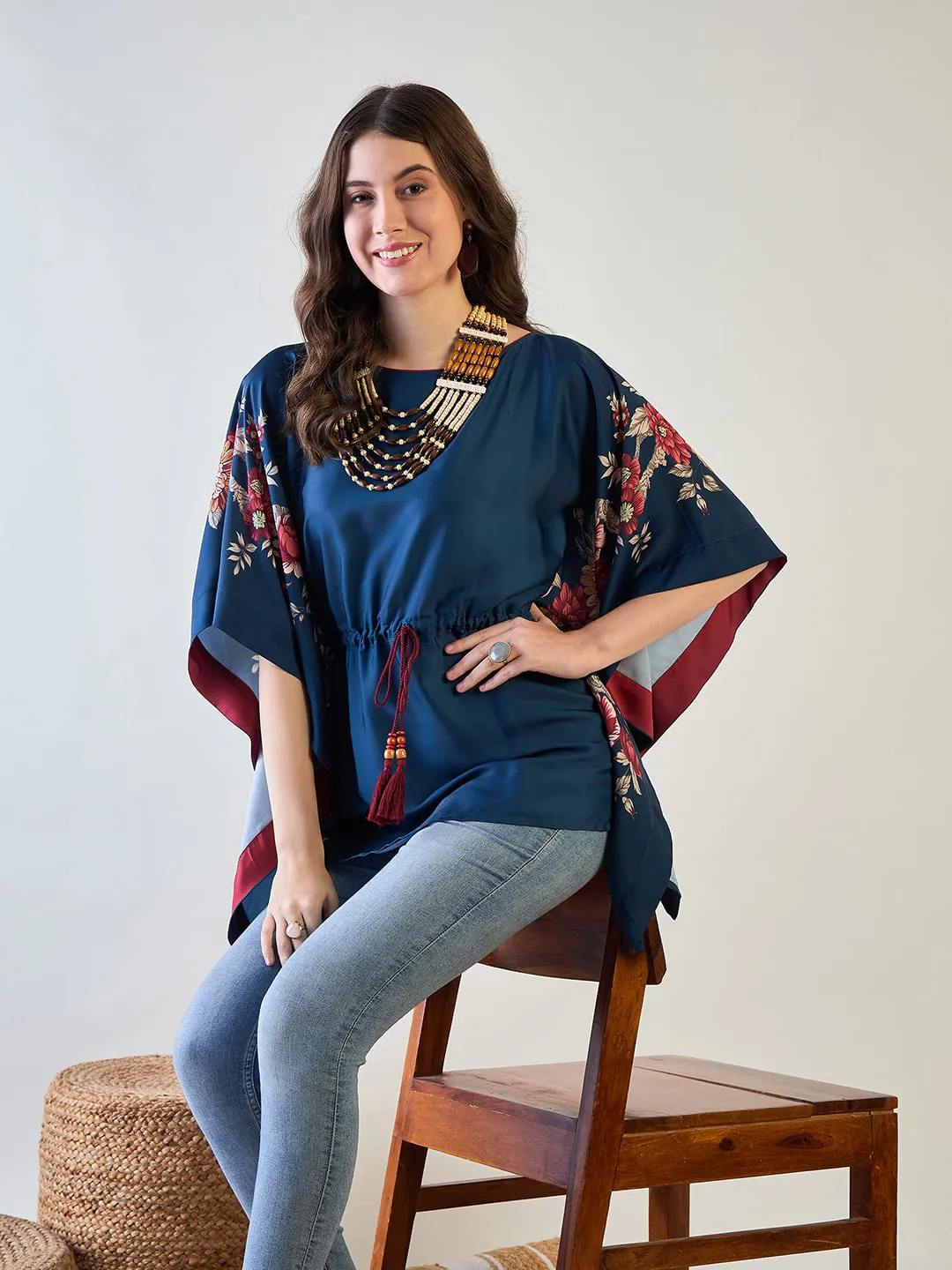 Women's Blue Floral Kaftan Top - The Kaftan Company
