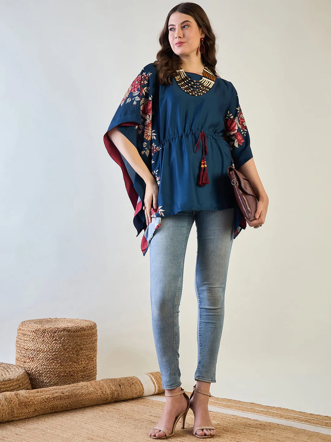 Women's Blue Floral Kaftan Top - The Kaftan Company